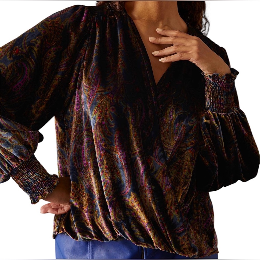 By Anthropologie Velvet Faux Wrap Blouse XS Dark Floral Paisley Boho